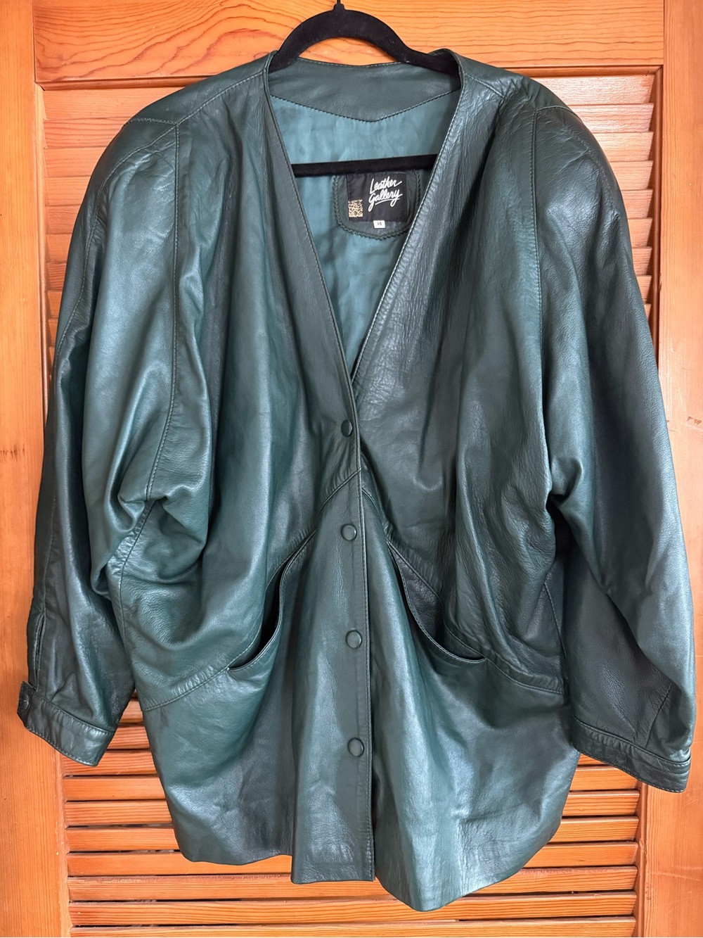 Women's Dark Green Vtg Oversized Leather Gallery Jacket, Sz XS